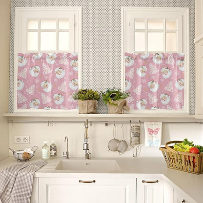 Pink Christmas Kitchen Curtains and Valances Set, Santa Claus Merry Christmas Tree Windows Treatments Tiers Half/Short Curtains for Small Windows Cafe/Living Room/Bedroom 54x36 in Winter Snowflake