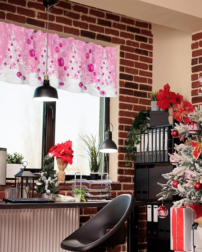 Pink Christmas Valance Curtains for Kitchen Windows White Xmas Tree Snowflakes Pink Balls Rod Pocket Window Treatment Toppers for Kitchen/Living Room/Bedroom/Bathroom, 60" X 18", Winter