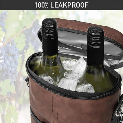 OPUX 2 Bottle Wine Carrier Tote, Insulated Leakproof Wine Cooler Bag, Wine Travel Bag for Picnic BYOB Beach, Portable Wine Bottle Carrying Case, Gift for Wine Lover Women Men Christmas, Brown Leather