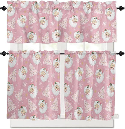 Pink Christmas Kitchen Curtains and Valances Set, Santa Claus Merry Christmas Tree Windows Treatments Tiers Half/Short Curtains for Small Windows Cafe/Living Room/Bedroom 54x24 in Winter Snowflake