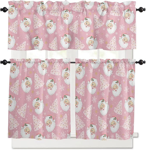 Pink Christmas Kitchen Curtains and Valances Set, Santa Claus Merry Christmas Tree Windows Treatments Tiers Half/Short Curtains for Small Windows Cafe/Living Room/Bedroom 54x24 in Winter Snowflake