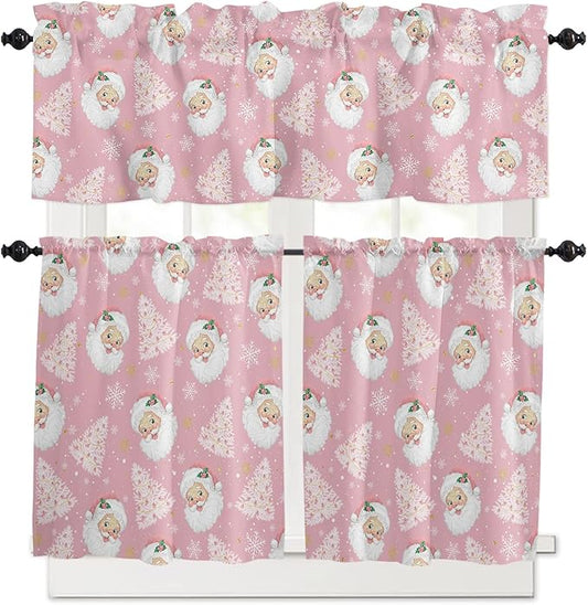 Pink Christmas Kitchen Curtains and Valances Set, Santa Claus Merry Christmas Tree Windows Treatments Tiers Half/Short Curtains for Small Windows Cafe/Living Room/Bedroom 54x24 in Winter Snowflake