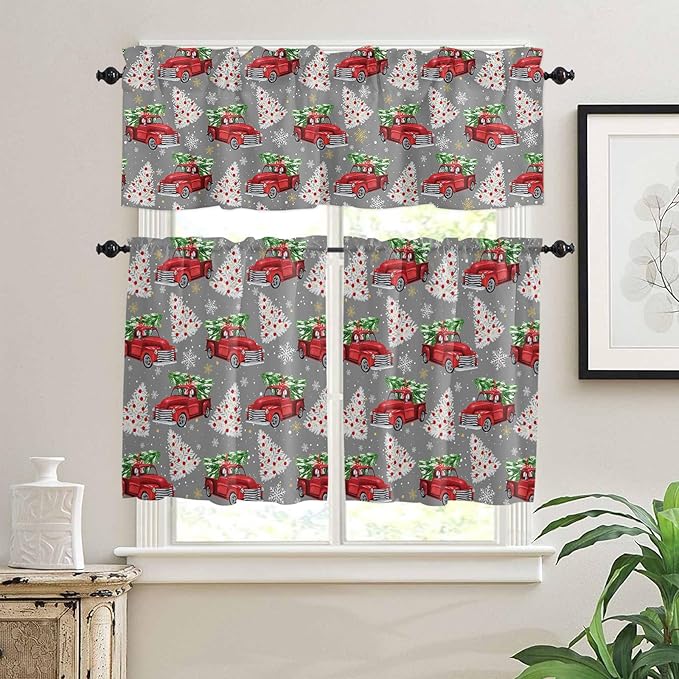 Red Truck Christmas Kitchen Curtains and Valances Set, Merry Christmas Tree Windows Treatments Tiers Half/Short Curtains for Small Windows Cafe /Living Room/ Bedroom 54x24 in Winter Snowflake Grey
