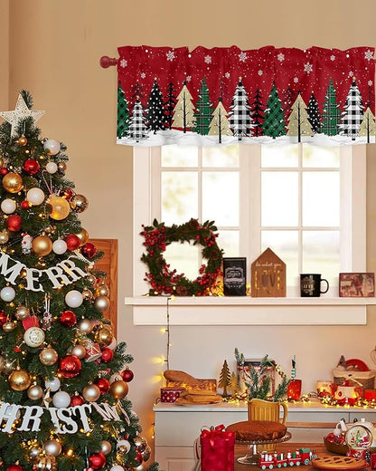 Red Merry Christmas Valance Curtains for Kitchen Windows Green Christmas Tree Rod Pocket Window Treatment Toppers for Kitchen/Living Room/Bedroom/Bathroom, 42" X 12", White Snow Forest Winter
