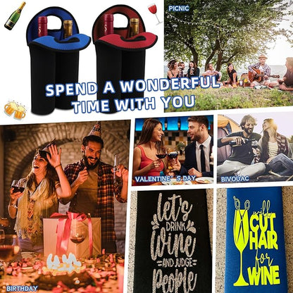 Desing Wish 2-Bottle Set Wine Carrier Tote Bag for 750ml Red/White Wine Bottles, Insulated Neoprene Wine Cooler Bag Wine Gift Bags for Gift/Picnic/Party/Beach/Christmas - Blue