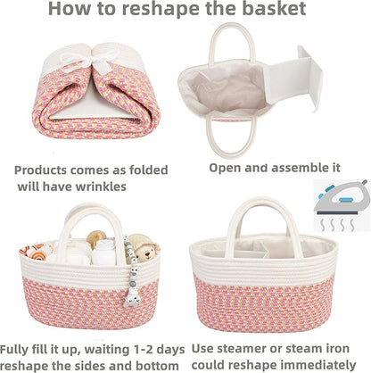 Baby Diaper Caddy Organizer for Girl Boy Rope Nursery Storage Bin Basket Portable Holder Tote Bag for Changing Table Car Travel Baby Shower Gifts Newborn Registry Must Haves