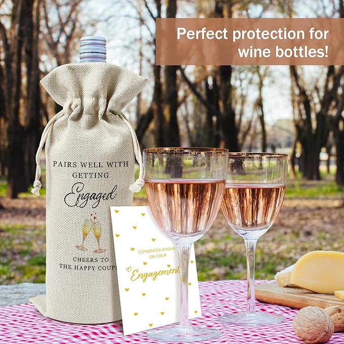Engagement Wine Gift Bags & Card, Bridal Shower Gift Wedding Gifts for Bride Groom Newlyweds Newly Engaged Couples, 1 pcs Reusable Burlap Wine Gift Bags for Wine Bottles, Wedding Party Favor -06