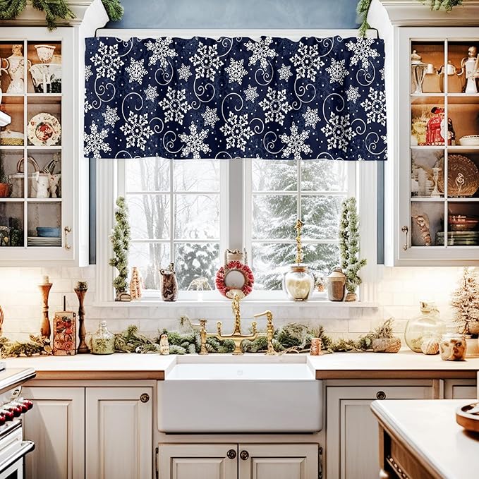 Christmas Valance Curtains for Kitchen Windows White Navy Snowflakes Pattern Rod Pocket Window Treatment Toppers for Kitchen/Living Room/Bedroom/Bathroom, 54" X 18", Winter