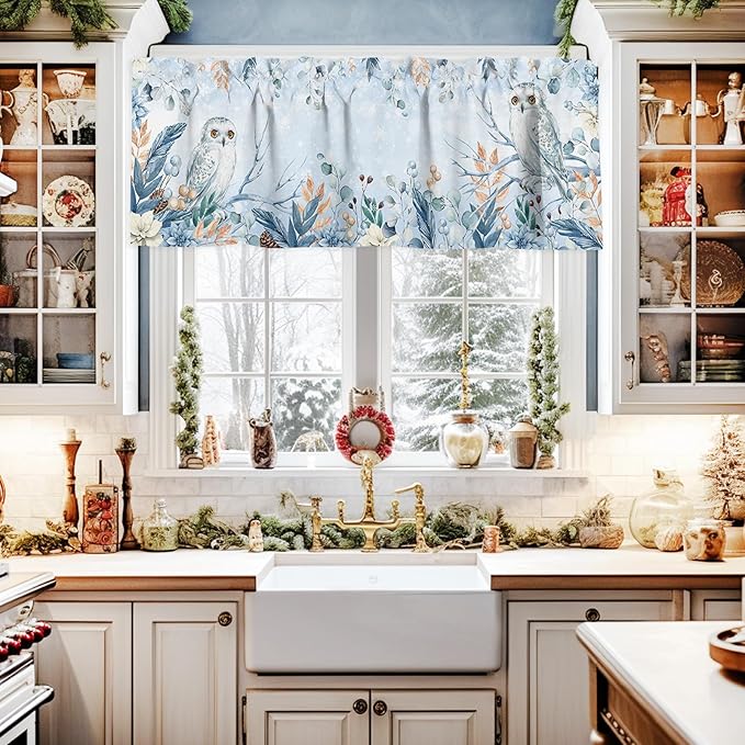 Blue Christmas Valance Curtains for Kitchen Windows Winter Snowy Owl Poinsettia Eucalyptus Leaves Rod Pocket Window Treatment Toppers for Kitchen/Living Room/Bedroom/Bathroom, 60" X 18",