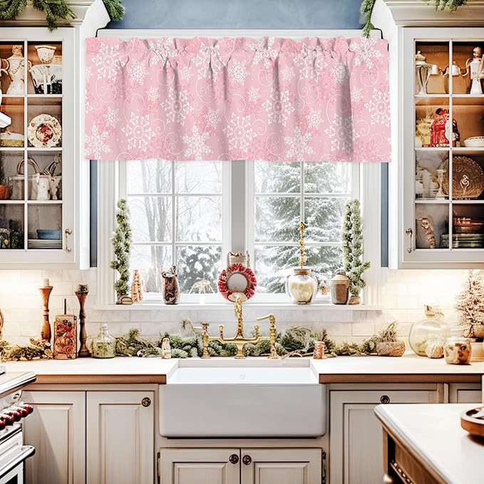 Christmas Valance Curtains for Kitchen Windows Pink White Snowflakes Pattern Rod Pocket Window Treatment Toppers for Kitchen/Living Room/Bedroom/Bathroom, 60" X 18", Winter