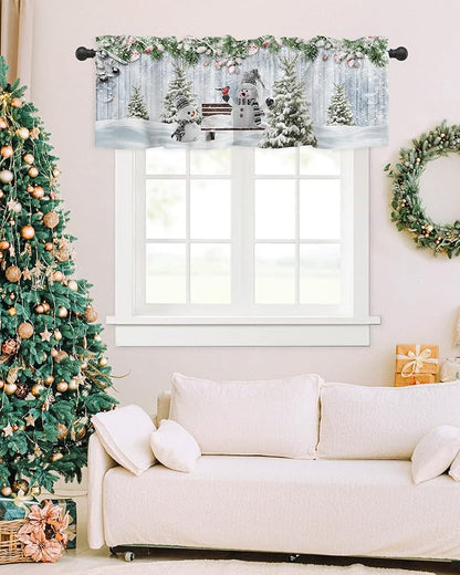 Merry Christmas Valance Curtains for Kitchen Windows Xmas Snowman Snowy Pine Tree Rod Pocket Window Treatment Toppers for Kitchen/Living Room/Bedroom/Bathroom, 54" X 18", Blue Winter
