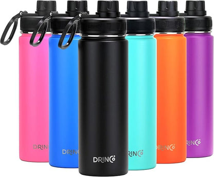Drinco Stainless Steel Water Bottle Spout Lid Vacuum Insulated Double Wall Water Bottle Wide Mouth (40oz 32oz 22oz 18oz 14oz) Leak Proof Keep Cold Sport Camping Hiking (22 oz, 22oz Black)