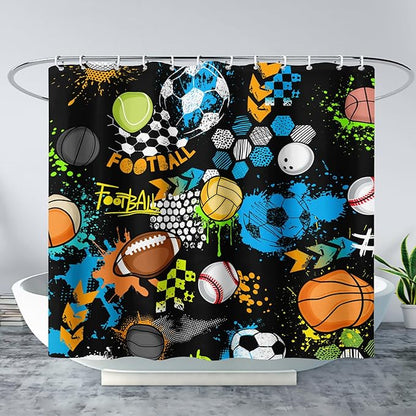 AILONEN Graffiti Sport Shower Curtain,Boys Graffiti Basketball Football Baseball Rugby Sport Bath Curtain Minimalist Bathroom Curtain 60" W*72" H Polyester Waterproof Bathroom Curtain with 12 Hooks
