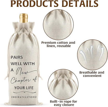 New Job Gifts Wine Gift Bags for Wine Bottles Gifts, Simplicity Linen Fabric Farewell Goodbye Gifts for Coworkers, Farewell Gifts Friends Going Away Gifts for As New Beginnings Women New Job Gifts