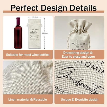 Pregnancy Announcement for Grandparents Wine Gift Bags, First Time Grandparents Gifts for Grandparents, 1pcs Reusable Burlap Wine Gift Bags for Wine Bottles, Baby Announcement Holiday Party Favor -22