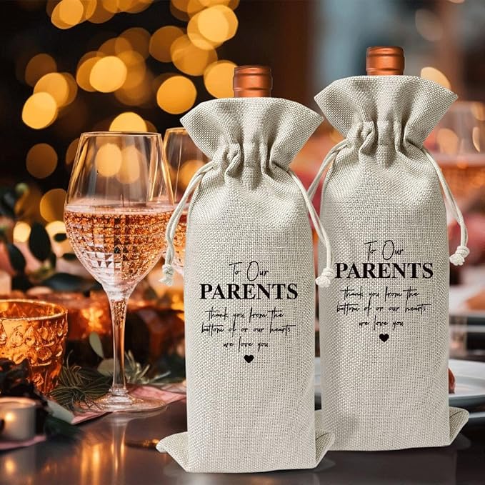 Wine Gift Bag For Our Parents, Wedding Or Engagement Party Decorations, Drawstring Burlap Wine Bottle Bags, Gift for Parents, Thank You Our Parents