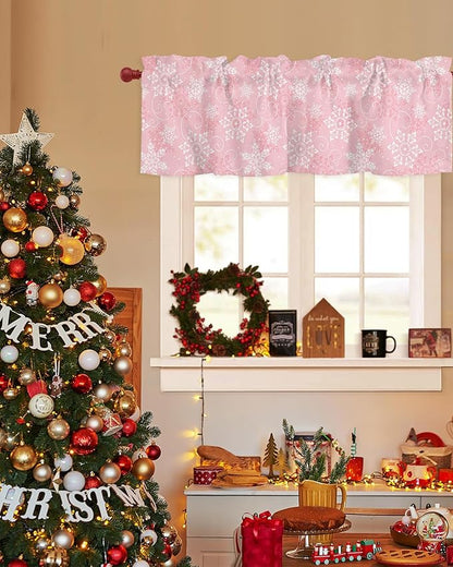 Christmas Valance Curtains for Kitchen Windows Pink White Snowflakes Pattern Rod Pocket Window Treatment Toppers for Kitchen/Living Room/Bedroom/Bathroom, 60" X 18", Winter