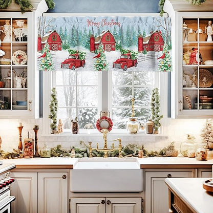 Red Truck Christmas Kitchen Curtains and Valances Set, Merry Christmas Farmhouse Windows Treatments Tiers Half/Short Curtains for Small Windows Cafe /Living Room/ Bedroom 54x36 in Winter Xmas Tree