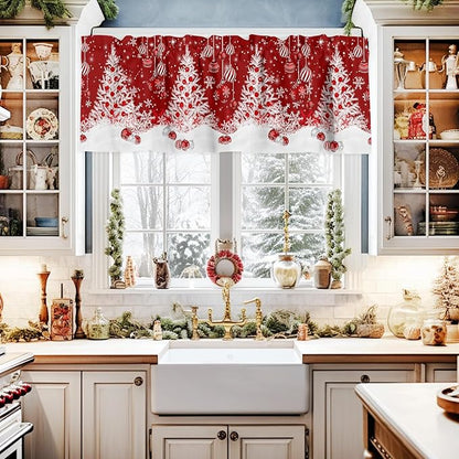 Red Christmas Kitchen Curtains and Valances Set, White Xmas Tree Snowflakes Red Balls Windows Treatments Tiers Half/Short Curtains for Small Windows Cafe /Living Room/ Bedroom 54x36 in Winter