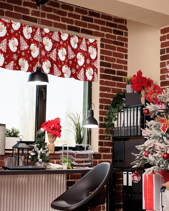Red Christmas Valance Curtains for Kitchen Windows Santa Claus Merry Christmas Tree Rod Pocket Window Treatment Toppers for Kitchen/Living Room/Bedroom/Bathroom, 54" X 18", Winter Snowflake