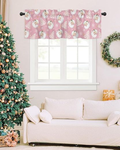 Pink Christmas Valance Curtains for Kitchen Windows Santa Claus Merry Christmas Tree Rod Pocket Window Treatment Toppers for Kitchen/Living Room/Bedroom/Bathroom, 54" X 18", Winter Snowflake