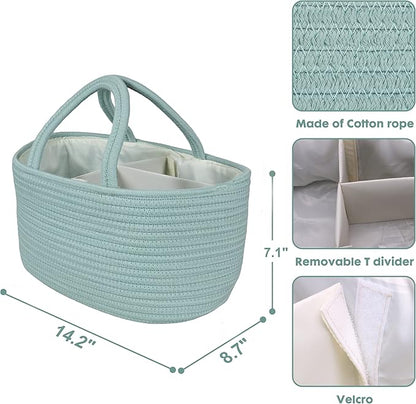 Diaper Caddy Organizer for Baby Cotton Rope Nursery Storage Bin Basket Portable Holder Tote Bag for Changing Table Car Travel Baby Shower Gifts Newborn Essentials Registry Must Haves Light Green