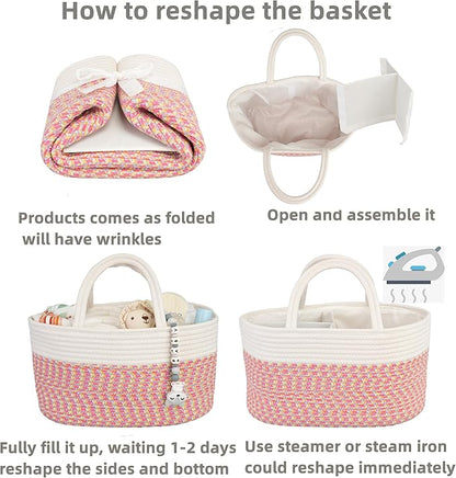 Large Baby Diaper Caddy Organizer for Girl Boy Rope Nursery Storage Bin Basket Portable Holder Tote Bag for Changing Table Car Travel Baby Shower Gifts Newborn Registry Must Haves