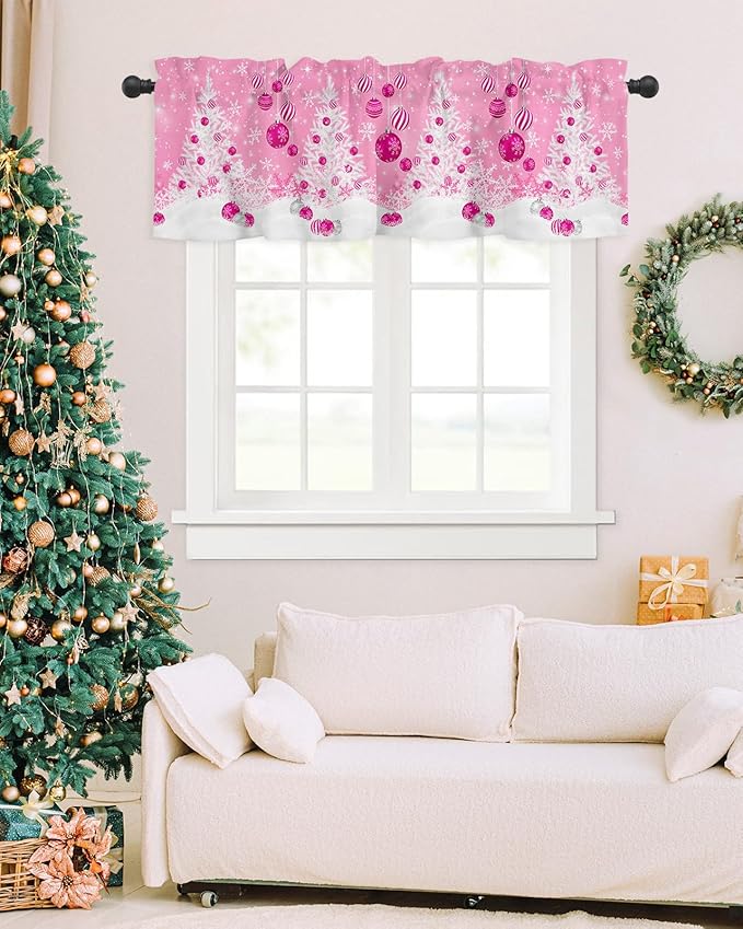 Pink Christmas Valance Curtains for Kitchen Windows White Xmas Tree Snowflakes Pink Balls Rod Pocket Window Treatment Toppers for Kitchen/Living Room/Bedroom/Bathroom, 60" X 18", Winter