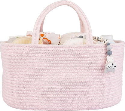 Large Baby Diaper Caddy Organizer for Girl Boy Rope Nursery Storage Bin Basket Portable Holder Tote Bag for Changing Table Car Travel Baby Shower Gifts Newborn Essentials Registry Must Haves Pink