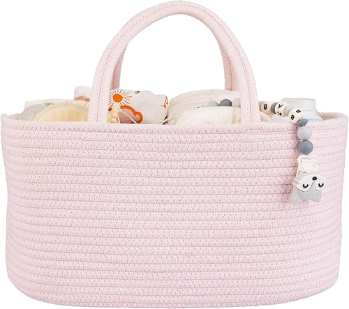 Large Baby Diaper Caddy Organizer for Girl Boy Rope Nursery Storage Bin Basket Portable Holder Tote Bag for Changing Table Car Travel Baby Shower Gifts Newborn Essentials Registry Must Haves Pink