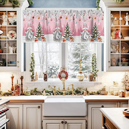 Christmas Gnome Valance Curtains for Kitchen Windows Winter Merry Christmas Tree Balls Rod Pocket Window Treatment Toppers for Kitchen/Living Room/Bedroom/Bathroom, 42" X 12", Pink