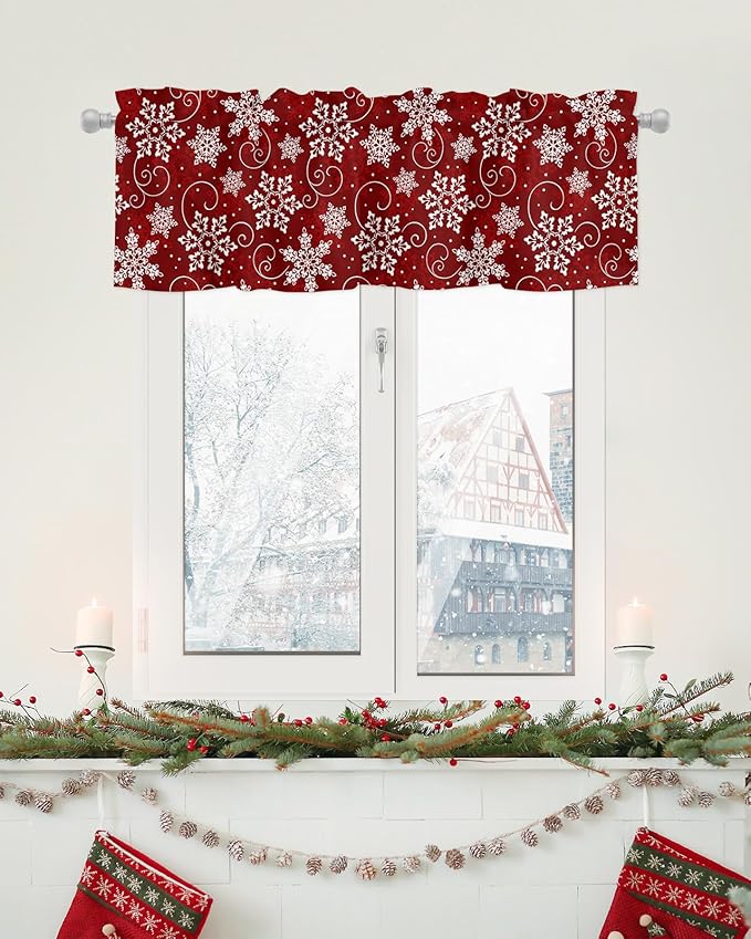 Christmas Valance Curtains for Kitchen Windows Red White Snowflakes Pattern Rod Pocket Window Treatment Toppers for Kitchen/Living Room/Bedroom/Bathroom, 42" X 12", Winter