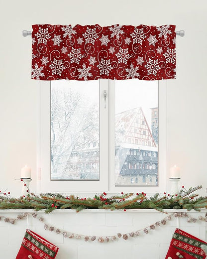 Christmas Valance Curtains for Kitchen Windows Red White Snowflakes Pattern Rod Pocket Window Treatment Toppers for Kitchen/Living Room/Bedroom/Bathroom, 42" X 12", Winter
