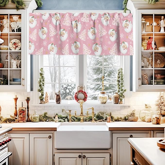Pink Christmas Kitchen Curtains and Valances Set, Santa Claus Merry Christmas Tree Windows Treatments Tiers Half/Short Curtains for Small Windows Cafe/Living Room/Bedroom 54x36 in Winter Snowflake