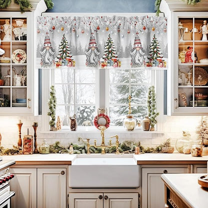 Christmas Gnome Valance Curtains for Kitchen Windows Winter Merry Christmas Tree Balls Rod Pocket Window Treatment Toppers for Kitchen/Living Room/Bedroom/Bathroom, 60" X 18", Grey