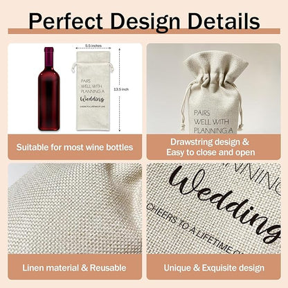 Engagement Wine Gift Bag, Engagement Gifts for Couples Newly Engaged, 1pcs Well with Wedding Planning Reusable Burlap Drawstring Wine Gifts Bag for Wine Bottles, Wedding Holiday Party Favor -09