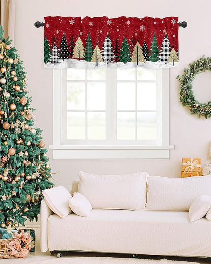 Red Merry Christmas Valance Curtains for Kitchen Windows Green Christmas Tree Rod Pocket Window Treatment Toppers for Kitchen/Living Room/Bedroom/Bathroom, 42" X 12", White Snow Forest Winter