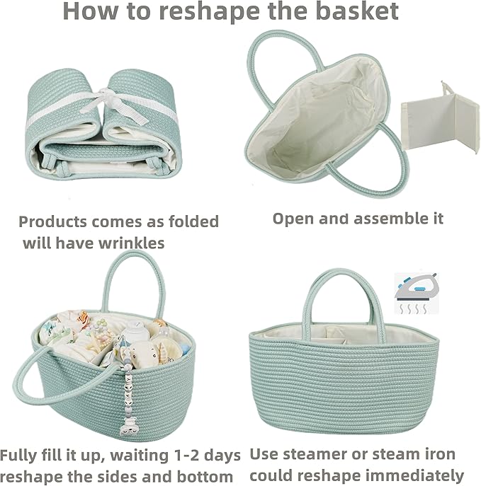 Large Baby Diaper Caddy Organizer for Girl Boy Rope Nursery Storage Bin Basket Portable Holder Tote Bag for Changing Table Car Travel Baby Shower Gifts Newborn Essentials Registry Must Have Green