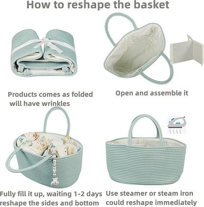 Large Baby Diaper Caddy Organizer for Girl Boy Rope Nursery Storage Bin Basket Portable Holder Tote Bag for Changing Table Car Travel Baby Shower Gifts Newborn Essentials Registry Must Have Green