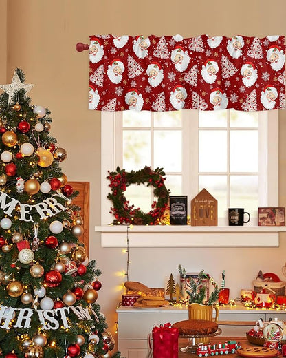 Red Christmas Valance Curtains for Kitchen Windows Santa Claus Merry Christmas Tree Rod Pocket Window Treatment Toppers for Kitchen/Living Room/Bedroom/Bathroom, 54" X 18", Winter Snowflake