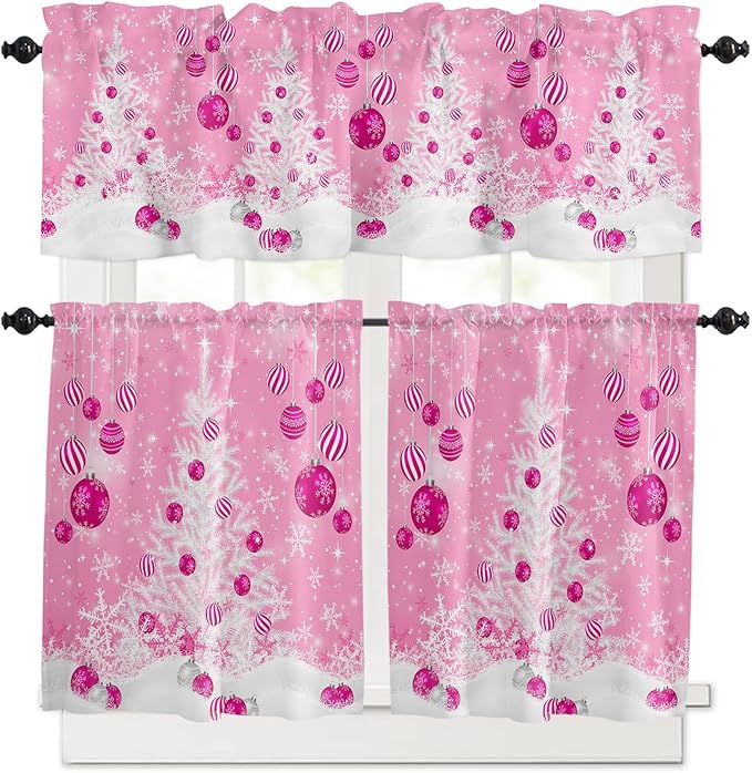Pink Christmas Kitchen Curtains and Valances Set, White Xmas Tree Snowflakes Pink Balls Windows Treatments Tiers Half/Short Curtains for Small Windows Cafe /Living Room/ Bedroom 54x24 in Winter
