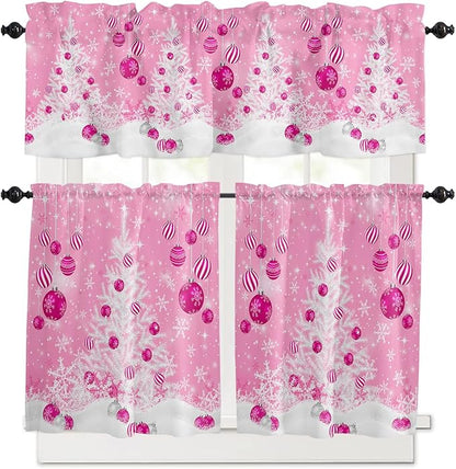 Pink Christmas Kitchen Curtains and Valances Set, White Xmas Tree Snowflakes Pink Balls Windows Treatments Tiers Half/Short Curtains for Small Windows Cafe /Living Room/ Bedroom 54x24 in Winter