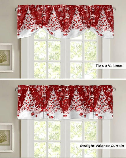 Red Christmas Blackout Tie Up Valance Curtains for Kitchen Windows White Xmas Tree Snowflakes Red Balls Window Toppers Balloon Shades for Living Room/Bathroom/Bedroom,1 Panel, 42" X 18", Winter
