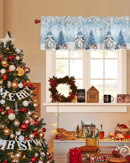 Christmas Gnome Valance Curtains for Kitchen Windows Winter Merry Christmas Tree Balls Rod Pocket Window Treatment Toppers for Kitchen/Living Room/Bedroom/Bathroom, 42" X 18", Blue