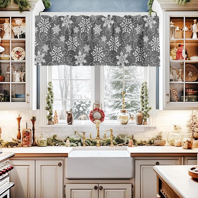 Christmas Valance Curtains for Kitchen Windows Grey White Snowflakes Pattern Rod Pocket Window Treatment Toppers for Kitchen/Living Room/Bedroom/Bathroom, 42" X 12", Winter