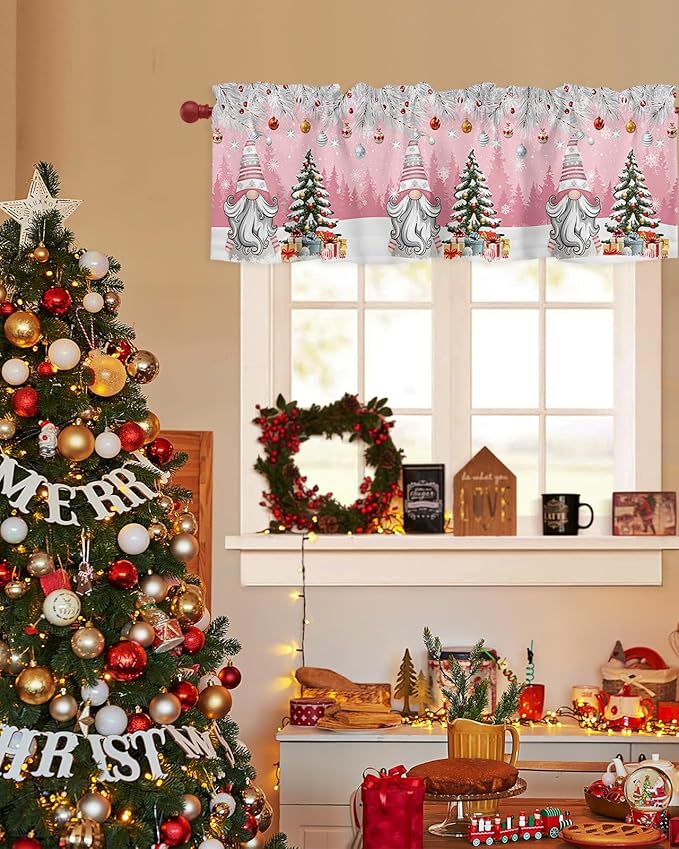 Christmas Gnome Valance Curtains for Kitchen Windows Winter Merry Christmas Tree Balls Rod Pocket Window Treatment Toppers for Kitchen/Living Room/Bedroom/Bathroom, 42" X 12", Pink