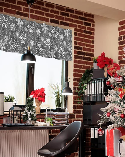 Christmas Valance Curtains for Kitchen Windows Grey White Snowflakes Pattern Rod Pocket Window Treatment Toppers for Kitchen/Living Room/Bedroom/Bathroom, 42" X 12", Winter