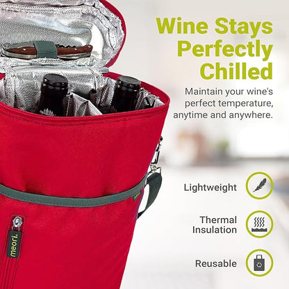 meori 2-Bottle Insulated Wine Tote + Tumbler Set with Lids Bundle Gifts for Wine Lover Women | Hibiscus Red