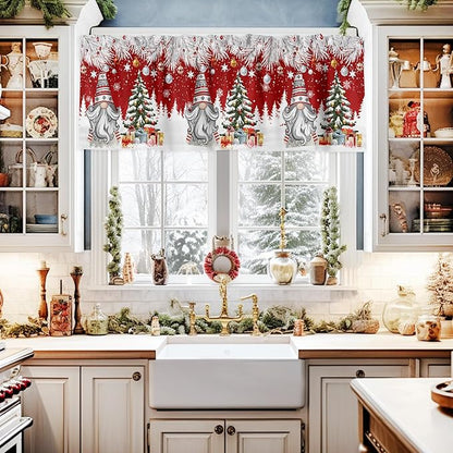 Christmas Gnome Valance Curtains for Kitchen Windows Winter Merry Christmas Tree Balls Rod Pocket Window Treatment Toppers for Kitchen/Living Room/Bedroom/Bathroom, 42" X 18", Red