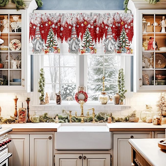 Christmas Gnome Valance Curtains for Kitchen Windows Winter Merry Christmas Tree Balls Rod Pocket Window Treatment Toppers for Kitchen/Living Room/Bedroom/Bathroom, 54" X 18", Red